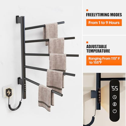 Heated Towel Racks for Bathroom, 180° Swivel Electric Towel Warmer Rack with Touch Panel, Multi-Level Timer & Temperature Adjustments, Wall Mounted 5 Bars Hot Towel Rack (Black-01) - color: Black, size: G63
