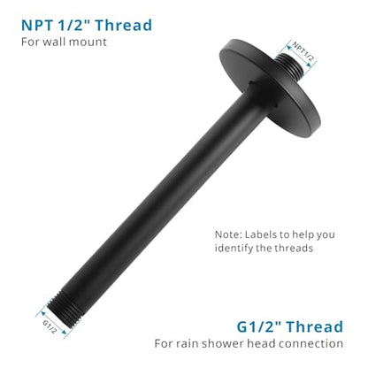 Ceiling Mount Shower Arm with Flange, 8 Inch Round Straight Extension Arm Pipe Replacement for Rain Shower Head & High Pressure, Stainless Steel, Matte Black - color: Round Matte Black 8 Inch