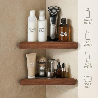 2 Tier Corner Shower Shelf, Shower Caddy with Walnut Wood Finish | corner shower shelf with walnut wood and aluminum frame,no-drill bathroom storage organizer for shampoo and toiletries.