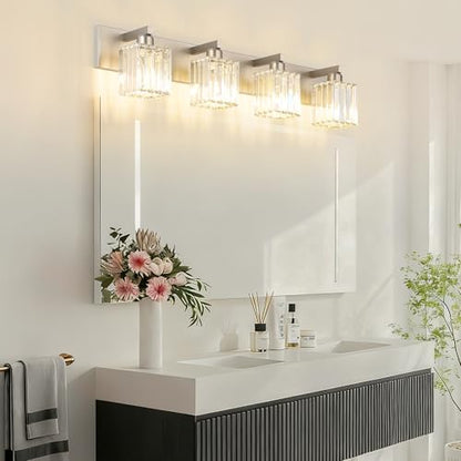 Aipsun Brushed Nickel Bathroom Lighting Fixtures 4 Light Crystal Modern Bathroom Vanity Light (Exclude Bulb) - color: Brushed Nickel, size: 32 inch