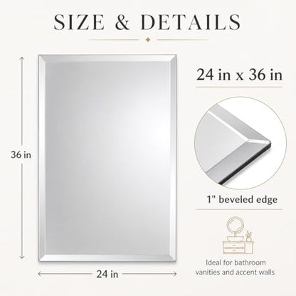 24x36 Inch Rectangle Frameless Bathroom Vanity Mirror with Beveled Edge - Shatterproof Wall Mounted Decorative Glass with Safety Backing for Living Room Bedroom Hallway Entryway - Fab Glass and Mirror - size: 24"L x 36"W, style: Rectangle