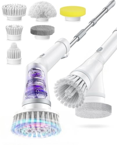 6-in-1 Cordless Electric Spin Scrubber with Long Handle | Power scrubber, bathroom scrubber, 47.2 in long handle, 2 speed scrub brush, IPX7 rated body, kitchen, tile, tub, floor - size: 6heads