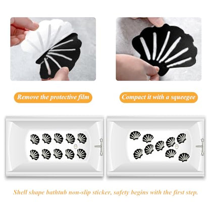 12Pcs Black Bathtub Stickers Non Slip Shell Shaped | Safety Shower Treads, Adhesive, For Bathroom Bathtub, Shower Floor - color: Black