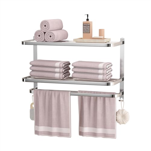NICETAKU 23inch 3-Tier Towel Racks for Bathroom with Shelf, Multilayer Hotel Towel Holder with Hooks, Stainless Steel Wall-Mounted Brushed Finish Towel Bars, Silver - color: Silver