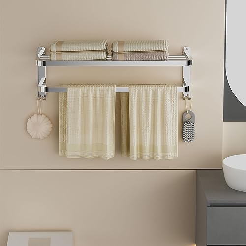 23 Inch Bathroom Towel Rack Towel Shelf with Double Towel Bars Lavatory Wall Mount Holder with Hooks Stainless Steel Hotel Bath Rack - color: Silver
