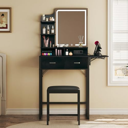 ALEXNUTRE Makeup Vanity Desk with Mirror and Lights, Small Vanity with Fabric Storage Drawer & Chair & Shelves, Vanity with Fold-up Panel and Power Outlet for Bedroom - style: Black