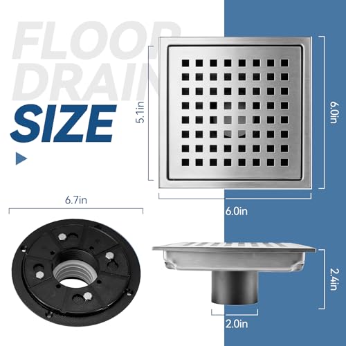 Square Shower Floor Drain, Matte Black Finish, Grid Pattern Strainer Cover (Brushed, Grate) - color: Brushed