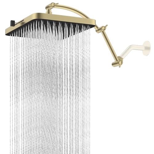Hibbent Rain Shower Head, 13'' High Pressure Rainfall Square 5 Spray Mode Showerhead with 16" Shower Head Extension Arm, Solid Brass Adjustable Shower Arm Extender, Brushed Gold - color: Brushed Gold, style: Square 13'' with Arm