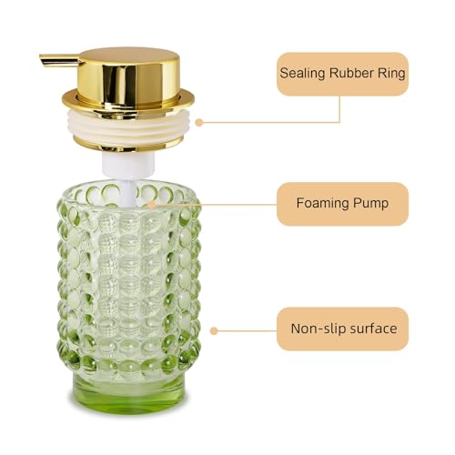 Glass Foaming Soap Dispenser, Green Foam Hand Soap Dispenser, Bathroom 12 Oz Large Bottle with Gold Pump, Refillable Lotion Pump Container for Bathroom, Kitchen,Hand Soap, Dish Soap, Shampoo - color: Green