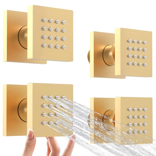 Shower Body Spray Jets with On Off Switch Adjustable Flow Body Sprays Jets Massage Spa Jet Brushed Gold, Flow control - color: Square-Brushed Gold