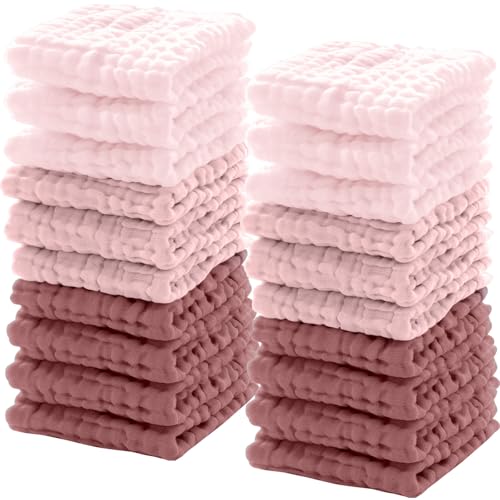 20 Pcs Baby Muslin Washcloth 12 x 12 Inch 100% Cotton Soft and Absorbent Muslin Washcloth Burp Cloth Wipe Newborn Face Towel for Baby Boy Girl Sensitive Skin(Pink, Bean Paste, Dark Pink) - color: Pink, Bean Paste, Dark Pink