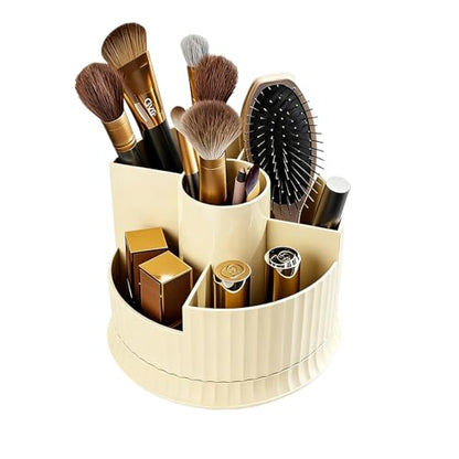 360° Rotating Makeup Brush Holder, 5-Compartment Spinning Cosmetics Organizer Cup for Vanity, Creamy White Desktop Storage for Skincare & Bathroom Accessories