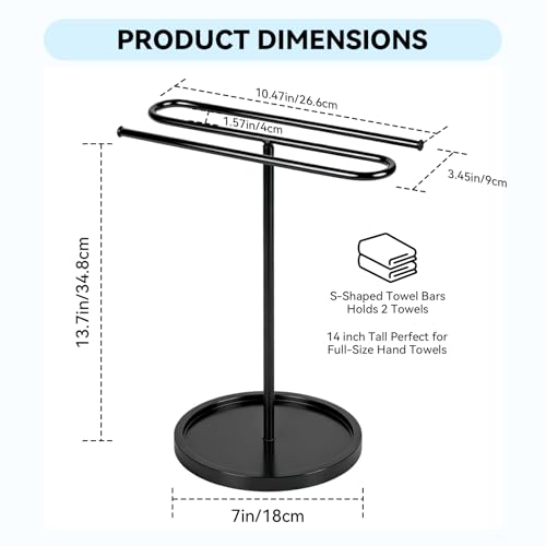 Free Standing Towel Rack for Bathroom Countertop - Upgraded S-Shaped Hand Towel Holder Stand, 14" Tall Rustproof Pedestal Towel Hanger for Vanity, Kitchen & RV, Heavy Duty Non-Slip Base, Black