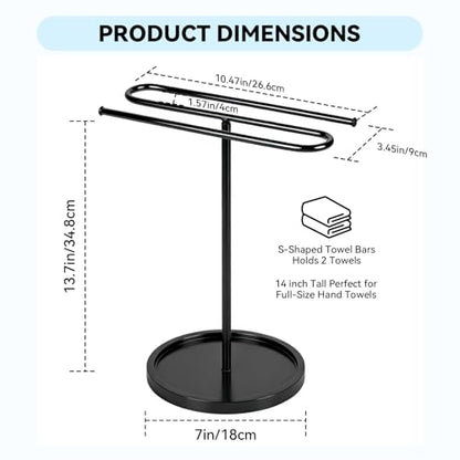 Free Standing Towel Rack for Bathroom Countertop - Upgraded S-Shaped Hand Towel Holder Stand, 14" Tall Rustproof Pedestal Towel Hanger for Vanity, Kitchen & RV, Heavy Duty Non-Slip Base, Black