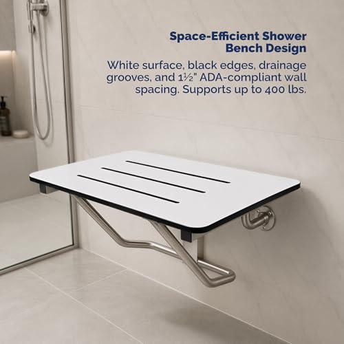 Phenolic Folding Shower Seat, White, 400 lb, 18 in x 16 in | Handicap Shower Bench Seating for the Elderly and Disabled, ADA Compliant Foldable Bath Seat, Heavy Duty Steel Frame, 400 lbs