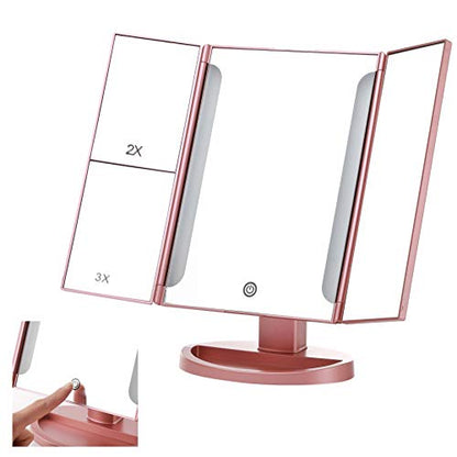 Miss Sweet Lighted Trifold Makeup Mirror Tabletop Mirror Vanity Mirror for Beauty Makeup (A Rose Gold)
