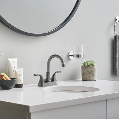 Bathroom Sink Faucet FRANSITON 4 Inch 2 Handle Lead-Free Brushed Grey Bath Sink Faucet with Pop-up Drain Stopper and Supply Hoses - color: BrushedGrey