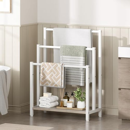 HOOBRO Free Standing Towel Rack, 3 Tier Blanket Rack, Blanket Holder for Bathroom, 23.6" L x 11" W x 31.9" H, Industrial Metal Drying and Display Rack with Shelf, White and Grey WG06LB01 - color: White + Grey, size: 23.6" L x 11" W x 31.9" H