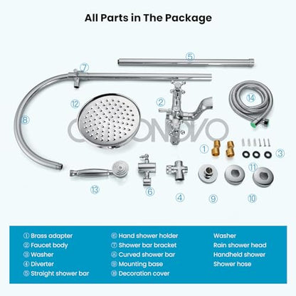 gotonovo Exposed Shower Faucet Set with Tub Spout Polished Chrome | Brass Bathroom Shower System,8 Inch Rainfall Head with Handheld Spray and Tub Filler,Adjustable Height,6’’ Hole Distance - color: Chrome