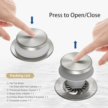 Tip-Toe Bathtub Drain Kit with Hair Catcher, Brushed Nickel | 2-Hole Overflow Faceplate, Solid Brass, 5-Layer Plated, Fits 1.5"/1.75" Drains, For Bathroom Remodel, Matches Fixtures - color: Brushed Nickel