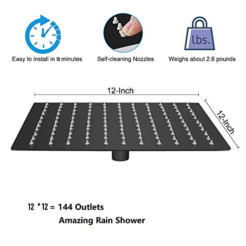 NearMoon Square Rain Shower Head With Extension Arm, Large Stainless Steel Rainfall Shower-Waterfall Full Body Coverage (12 Inch, Matte Black) - color: Matte Black, size: 12 Inch