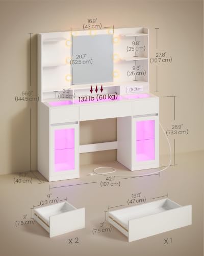 VASAGLE Kailyn Collection - Vanity Desk with LED Lights and Power Outlet, Modern Vanity Table with Light Strip, 3 Drawers, 2 Cabinets, Transparent Top, 8 Storage Shelves, Cloud White URDT145WB03S - style: 42.1"W 3 Drawers 2 Cabinets Vanity Desk - Cloud Wh