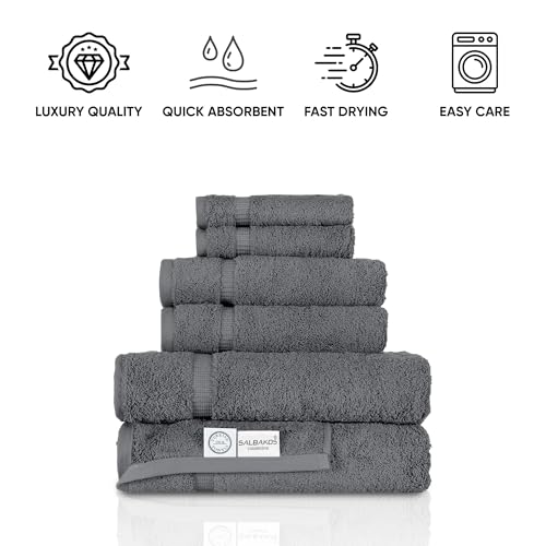 SALBAKOS 100% Turkish Cotton Bathroom Towel Set of 6-Piece, Gray | 630 Gsm Thick Super Soft Highly Absorbent 2 Bath + 2 Hand + 2 Washcloth Towels Sets, Giftable, Hotel Quality, Made in Turkey - color: Gray, size: 6 Piece Towel Set
