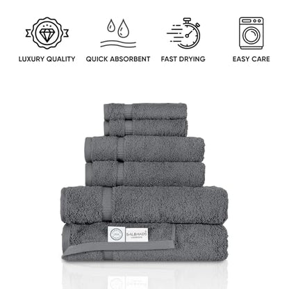 SALBAKOS 100% Turkish Cotton Bathroom Towel Set of 6-Piece, Gray | 630 Gsm Thick Super Soft Highly Absorbent 2 Bath + 2 Hand + 2 Washcloth Towels Sets, Giftable, Hotel Quality, Made in Turkey - color: Gray, size: 6 Piece Towel Set