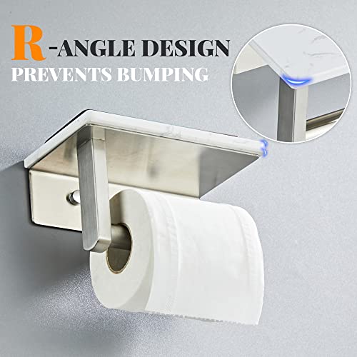Brushed Nickel Toilet Paper Holder with Marble-Look Shelf, Wall Mounted SUS304 Stainless Steel Toilet Roll Holder with Phone Storage - color: Brushed Nickel