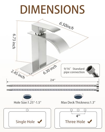 Waterfall Single Handle Bathroom Faucet with Drain Brushed Nickel | Brushed Nickel Vanity Faucet with Pop-up Drain, Ceramic Valve, for 1 or 3 Hole Modern Bathrooms. - color: Brushed Nickel x 2