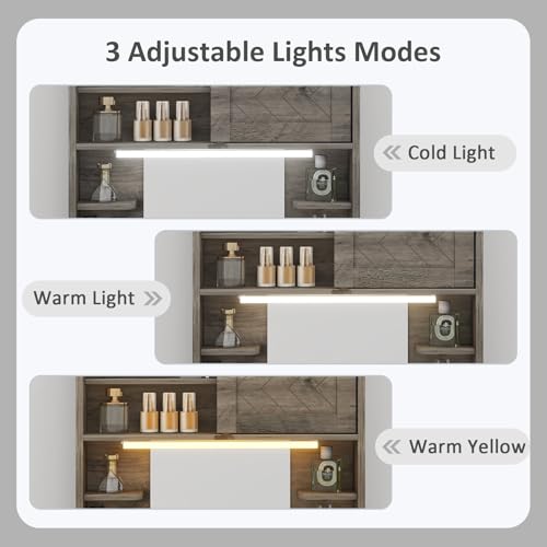ARTETHYS Floating Vanity Desk with Mirror and Lights Small Wall Mounted Makeup Set with Storage Gray Farmhouse Dressing Table for Tiny Space - color: Grey