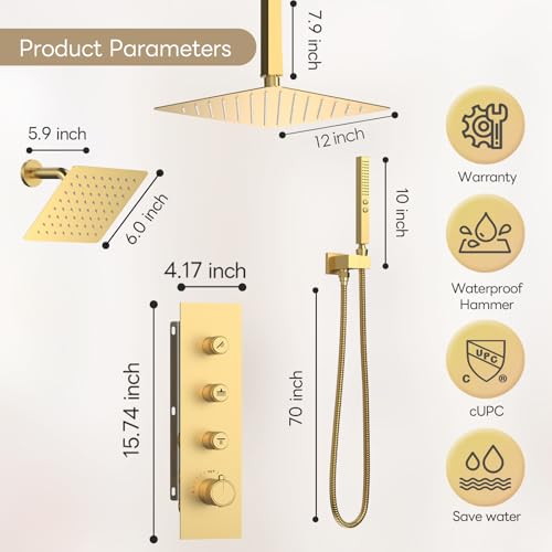 Thermostatic Dual Shower System Brushed Gold,Push Button Diverter Rainfall Shower Faucet Set with 2 in 1 Handheld Spray,12'' Ceiling Mount and 6'' Wall Mount Rainfall Shower System - color: Gold, size: 12"-2