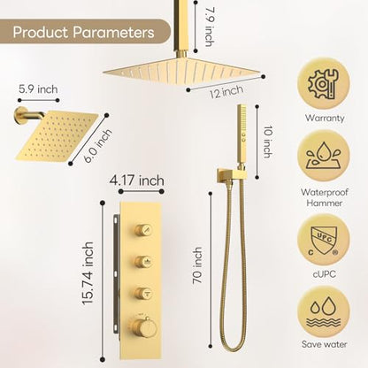Thermostatic Dual Shower System Brushed Gold,Push Button Diverter Rainfall Shower Faucet Set with 2 in 1 Handheld Spray,12'' Ceiling Mount and 6'' Wall Mount Rainfall Shower System - color: Gold, size: 12"-2