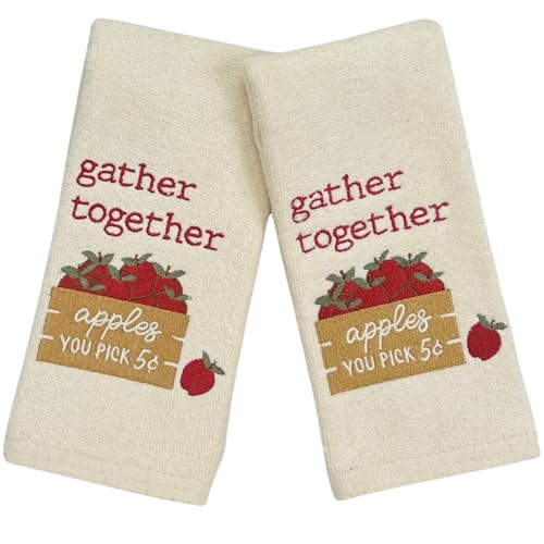 Serafina Home Autumn Fall Bathroom Fingertip Towels – Set of 2 Ivory Cream Off White 100% Cotton with Embroidered “Gather Together” Apple Design – 12" x 18" Decorative Bath & Kitchen Towels - color: Gather Together