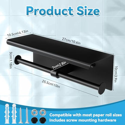 Double Bathroom Toilet Paper Roll Holder with Shelf Wall Mount Tissue Roll Holder Stainless Steel Wall Mounted RV Tissue Rolls Holders Toilet Paper Holders with Shelf, Matte Black
