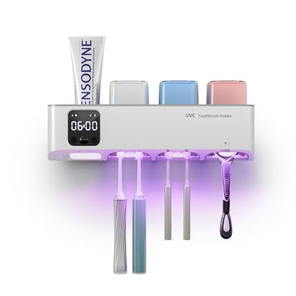 Toothbrush Holders Wall Mounted for Bathrooms, Toothbrush Holder - Smart Home & Bathroom Decor Tooth Brush Holders with 3 Cups, Features a Clock and auto Motion-Activated Night Light - size: Family with Cup