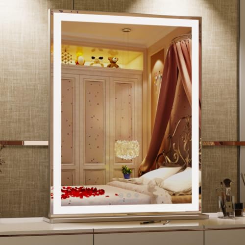 ANYHI Vanity Mirror with Lights, 22.4" x 28.1" Tabletop Vanity Mirror with Lights and Stand, 3 Color Modes, 10X Magnification, Smart Touch Control, Wall Mounted/Desk Mirror for Bedroom Makeup, Silver - color: Silver, size: 28"L x 22.4"W