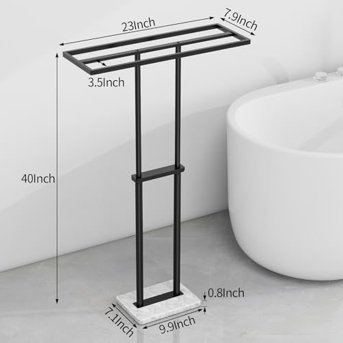 40” Standing Towel Rack, 3 Tier Towel Stand with Marble Base, Black | Stainless Steel Freestanding Towel Racks for Bathroom, Towel Holder Stand for Hanging Multiple Sizes Towels