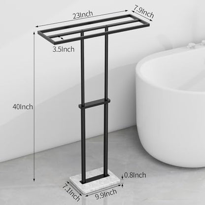 40” Standing Towel Rack, 3 Tier Towel Stand with Marble Base, Black | Stainless Steel Freestanding Towel Racks for Bathroom, Towel Holder Stand for Hanging Multiple Sizes Towels