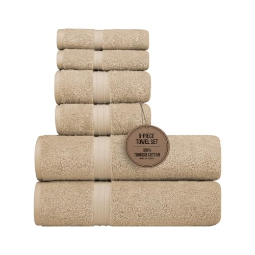 6 Pack Towel Set - 100% Cotton & Soft - Cozy, Luxury, Hotel Quality, Contains 2 Bath Towel (28" x 56"), 2 Hand Towels for Bathroom (16"x28") and 2 Wash Cloths (12"x12") - Beige - color: Beige, size: 6-Piece Bath Towel Sets