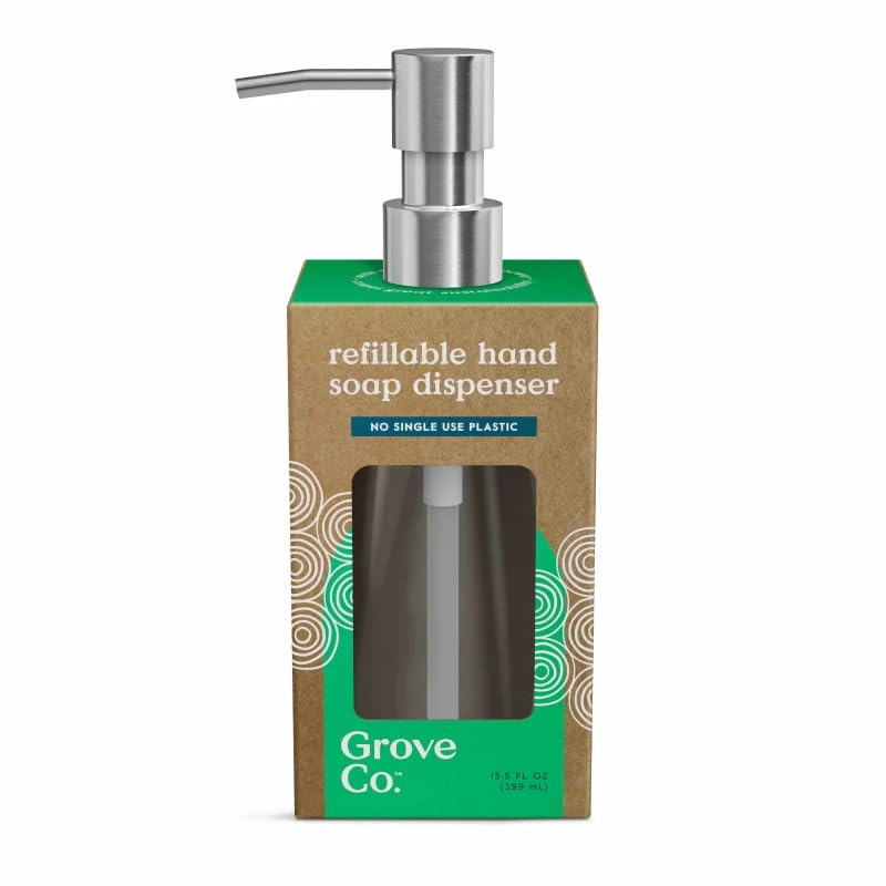 Grove Co. Glass Hand Soap Dispenser with Stainless Steel Pump, 12oz | Glass bottle; Stainless-steel pump; Reusable; Pair with Grove Co. Hand Soap; No Plastic Waste - size: 13.5 Ounce (Pack of 1)