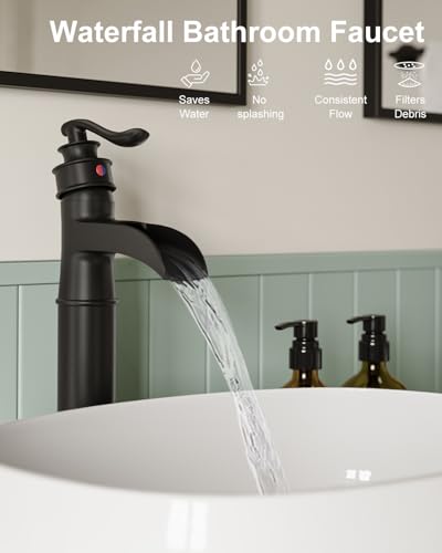 BWE Vessel Sink Faucet Waterfall Matte Black Bathroom Faucets Single Hole | Tall Sink Faucet Bathroom One Handle Vanity Bath Mixer Tap with Pop Up Drain Without Overflow and Supply Lines - color: Black