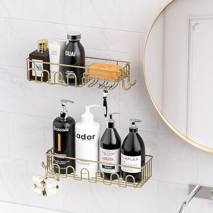 4-Pack Adhesive Shower Caddy, Wall Mounted Bathroom Shelf, Gold | 2 Open Grid Baskets, Drill-Free Adhesive, 2 Detachable Hooks, Rustproof Metal, Ideal Bathroom Kitchen Shelf, Holds 25Lbs - color: Gold