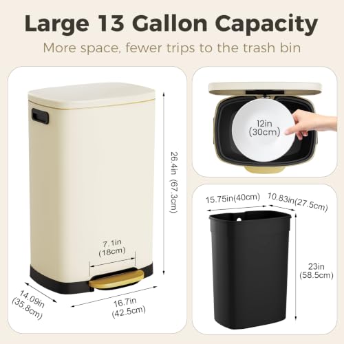 ELPHECO Kitchen Trash Can with Lid 13 Gal Stainless Steel Pedal Garbage Can | Soft Close Lid, Pedal, Heavy-Duty Fingerprint Proof Step Wastebasket with 20 Bags, Removable Bucket, Home Office, Beige - color: Beige