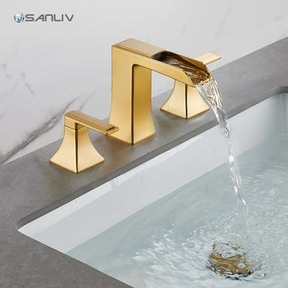 Brushed Gold Waterfall Bathroom Faucet, Sanliv 2-Handle Widespread Bathroom Faucet for 3-Hole Sinks 4-8 inch, Modern Vanity Faucets with Pop Up Drain, Champagne Bronze - color: Brushed Gold