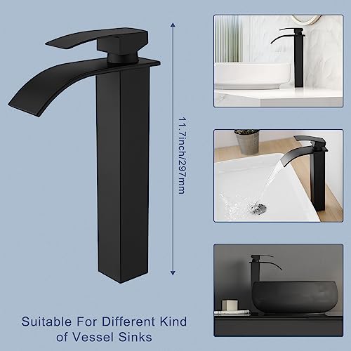 RUMOSE Tall Bathroom Faucet Vessel Sink Faucet with Drain, Matte Black | Modern Single Handle One Hole Bathroom Faucet Waterfall Rv Lavatory Vanity Faucet Mixer Tap, Pop Up Drain, Stainless Steel - color: Matte Black