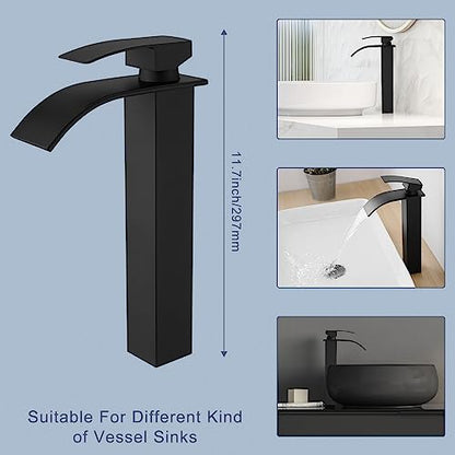 RUMOSE Tall Bathroom Faucet Vessel Sink Faucet with Drain, Matte Black | Modern Single Handle One Hole Bathroom Faucet Waterfall Rv Lavatory Vanity Faucet Mixer Tap, Pop Up Drain, Stainless Steel - color: Matte Black