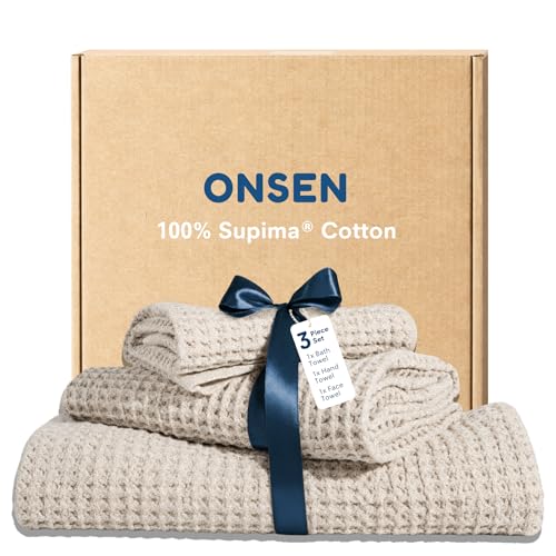 ONSEN Supima® Waffle Bath Towel Set, Quick Dry Lint Free 100% USA Cotton, Bath Hand and Face Towel Bundle, 3 Piece (Oatmeal, Bath Towel Set) - color: Oatmeal, size: Bath Towel Set