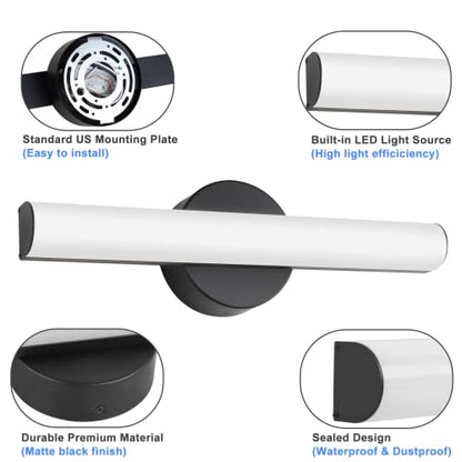 Modern Dimmable LED Vanity Light Bar Lighting, Bathroom Light Fixtures | 15.9 Inch LED Bathroom Light Fixture Over Mirror, 15W 1300LM Daylight White 5000K Wall Sconces Lighting, Black Bath Light Bar - size: 1 Count (Pack of 1)