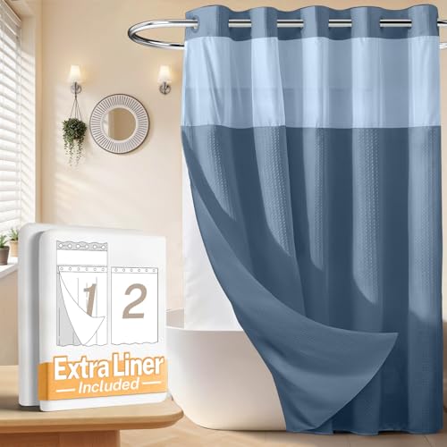 River Dream No Hooks Shower Curtain with 2 Snap in Liner, 71Wx74H | Waffle Weave, 1 Attached Snap in Liner and 1 Extra Replacement Liner, Bathroom Curtains Shower Set, Hotel Grade, Spa Like - color: Moonlight Blue